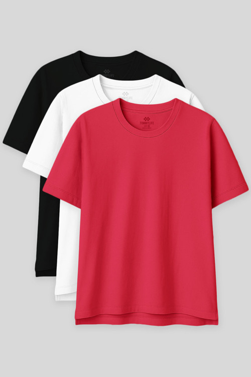 Oversize Fit Basic O Yaka 3lü Paket Siyah-Beyaz-Rose Kadın T-Shirt97285