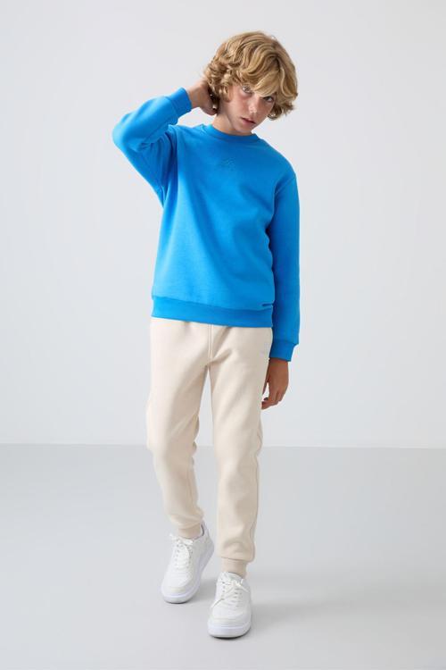 Bej Pamuklu Kalın İçi Tüylü Standart Fit Nakışlı Erkek Çocuk Eşofman Alt - 11224