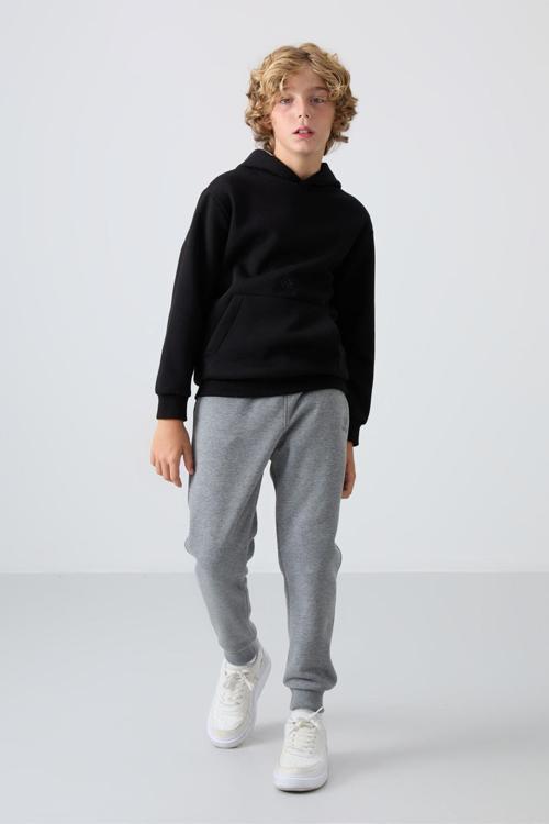 Gri Melanj Pamuklu Kalın İçi Tüylü Standart Fit Nakışlı Erkek Çocuk Eşofman Alt - 11224