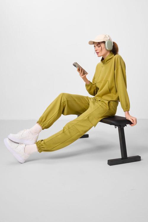 Koyu Hardal Yumuşak Dokulu Dik Yaka Gizli Fermuarlı Oversize Kadın Eşofman Takım - 95351