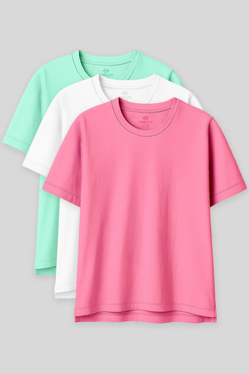 Oversize Fit Basic O Yaka 3lü Paket Su Yeşili-Beyaz-Şeker Pembe Kadın T-Shirt97285