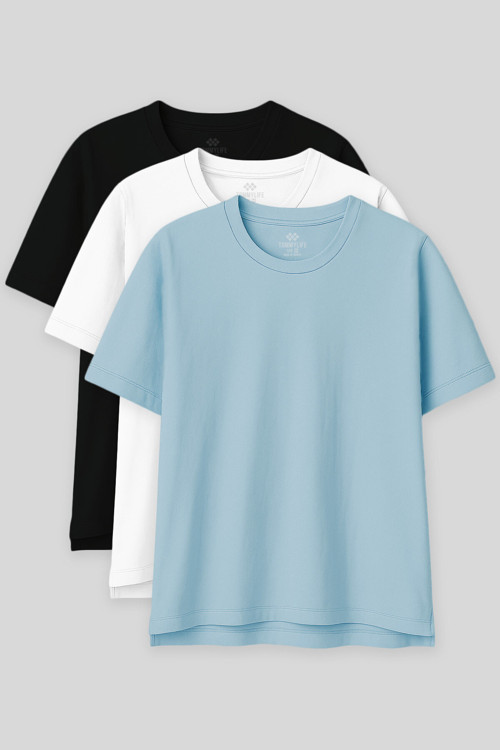 Oversize Fit Basic O Yaka 3lü Paket Siyah-Beyaz-Açık Mavi Kadın T-Shirt97285