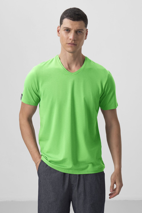 Neon Yeşil Basic Kısa Kol Standart Kalıp V Yaka Erkek T-Shirt - 87912