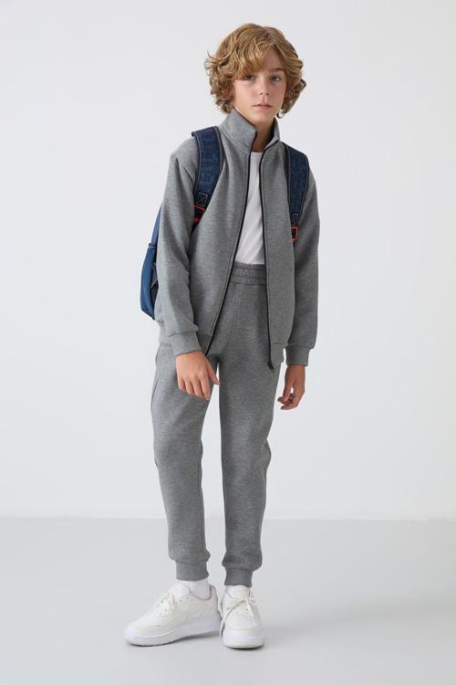 Gri Melanj Pamuklu Kalın İçi Tüylü Standart Fit Nakışlı Erkek Çocuk Eşofman Takım - 11256