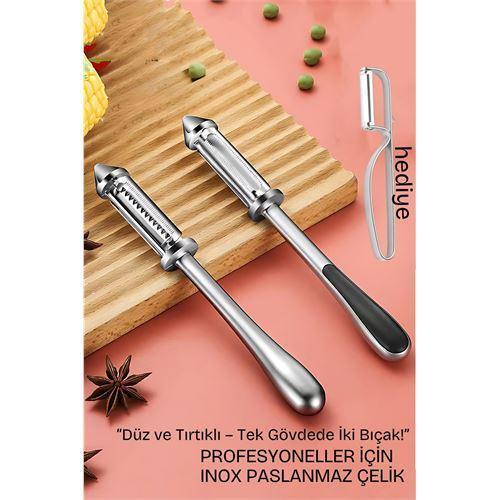 2 Bıçaklı Inox Paslanmaz Çelik Sebze Soyacak | Düz ve Tırtıklı Bıçak | Çok Amaçlı Kullanım