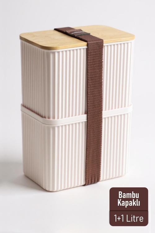 1+1 2 Litre Bambu Kapaklı Erzak Gıda Bakliyat Saklama Kabı Mutfak Organizeri
