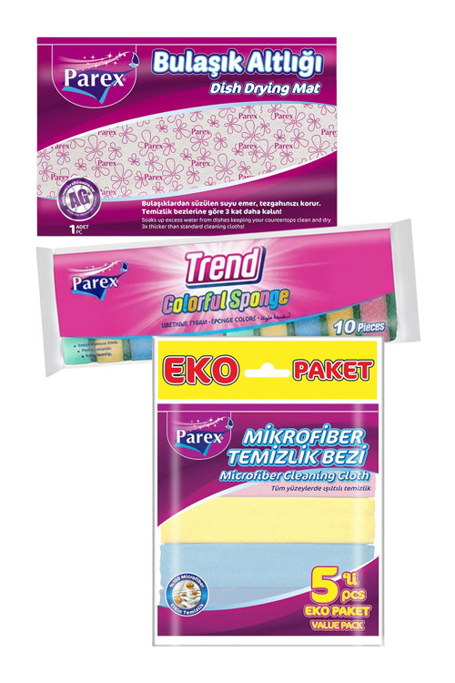 Düz 10'lu Sünger, Bulaşık Altlığı ve Mikrofiber 5'li Temizlik Bezi Paketi