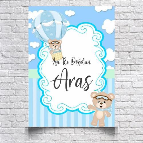 Uçan Balon ve Ayıcık Temalı Doğum Günü Afişi 50X70 cm