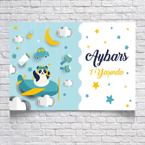 Uçakta Uçan Panda Temalı Doğum Günü Afişi 50X70 cm