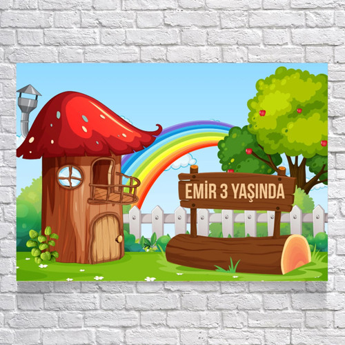 Mantar Ev Temalı Doğum Günü Afişi 70X100 cm