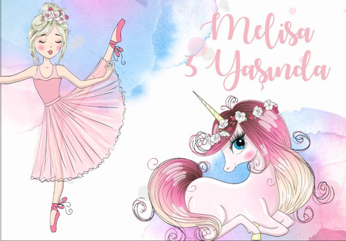 Unicorn ve Balerin Tenalı Doğum günü Afişi 50X70 cm