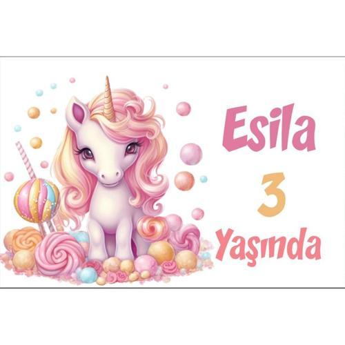 Pembe Unicorn Temalı Doğum Günü Afişi -3 50X70 cm