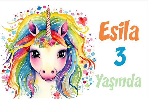 Gökkuşağı Saçlı Unicorn Temalı Doğum Günü Afişi -1 70X100 cm