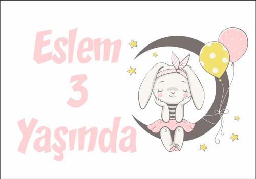 Ayda Oturan Tavşan Temalı Doğum Günü Afişi 100X150 cm