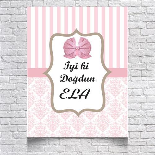 Pembe Çizğili Damask Desenli Doğum Günü Afişi 70X100 cm