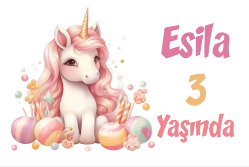 Pembe Unicorn Temalı Doğum Günü Afişi -8 100X150 cm