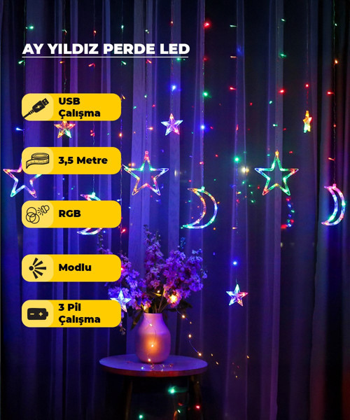 Ay Yıldız Dekoratif RGB (Çok Renkli) Led USB & Pilli - 3,5 Metre - Animasyonlu