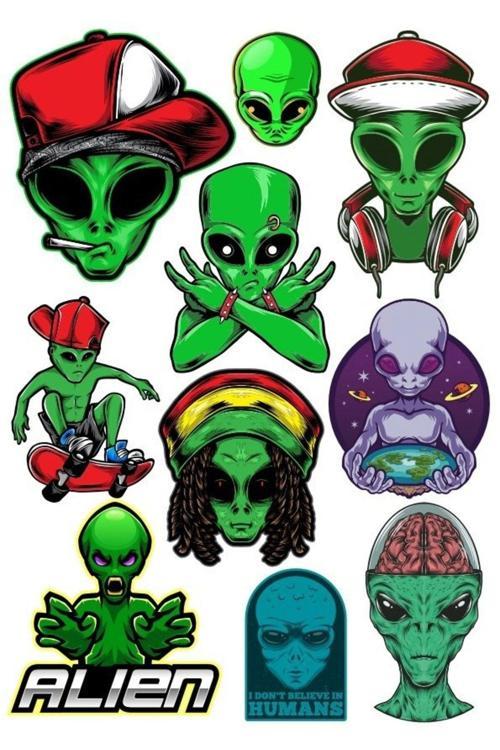 Uzaylı Sticker Set-2 10 Parça Telefon, Tablet, Defter, Laptop Sticker