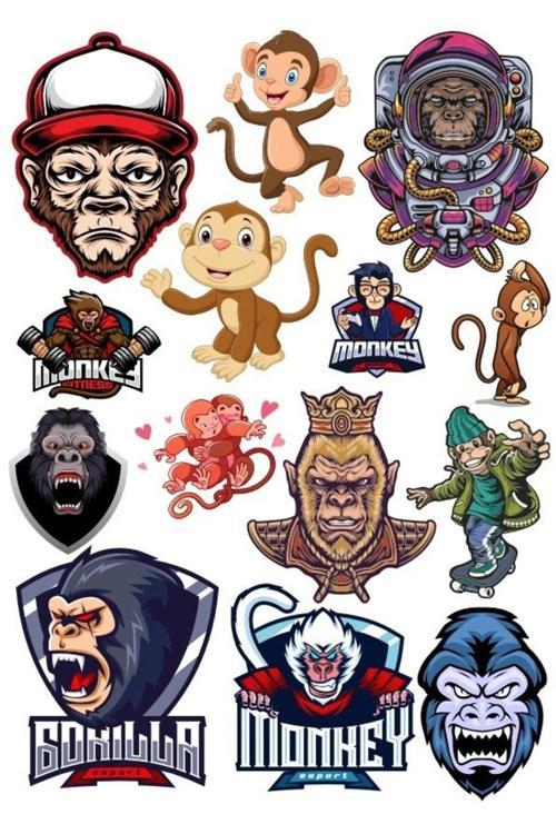 Maymun Sticker Set-3 13 Parça Telefon, Tablet, Defter, Laptop Sticker