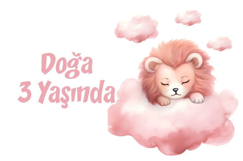 Pembe Sevimli Aslan Doğum Günü Afişi 35X50 cm