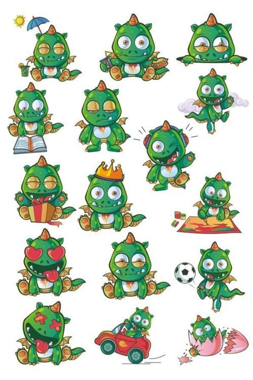 Yeşil Sevimli Ejderha Sticker Set 16 Parça Telefon, Tablet, Defter, Laptop Sticker