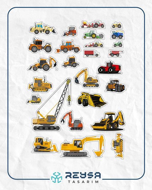 İş Makineleri Sticker Set-1 19 Parça Telefon, Tablet, Defter, Laptop Sticker