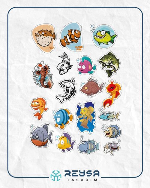Balık Stikcer Set-1 15 Parça Telefon, Tablet, Defter, Laptop Sticker