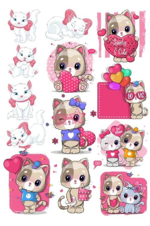 Sevimli Kedicik Sticker Set 2 12 Parça Telefon, Tablet, Defter, Laptop Sticker