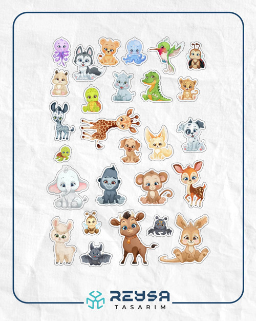 Sevimli Hayvanlar Sticker Set 8 25 Parça Telefon, Tablet, Defter, Laptop Sticker