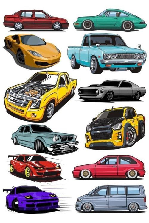 Arabalar Sticker Set-6 12 Parça Telefon, Tablet, Defter, Laptop Sticker