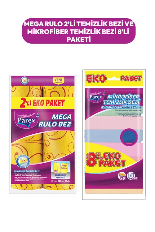 Mega Rulo 2'li Temizlik Bezi ve 8'li Mikrofiber Temizlik Bezi Paketi