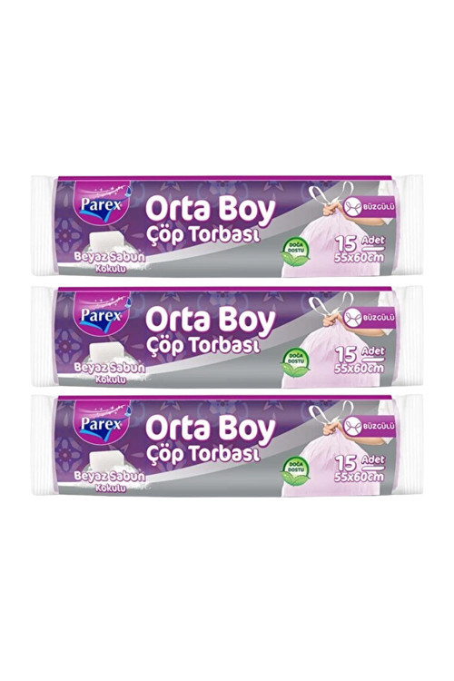 Büzgülü 15'li Çöp Torbası Beyaz Sabun Kokulu Orta Boy 55 x 60 cm Üçlü Paket