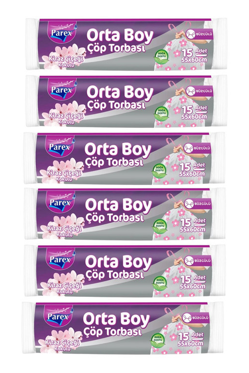 Büzgülü Çöp Torbası Kiraz Çiçeği Kokulu 15'li Orta Boy 55 x 60 cm Altılı Paket