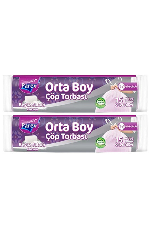 Büzgülü 15'li Çöp Torbası Beyaz Sabun Kokulu Orta Boy 55 x 60 cm İkili Paket