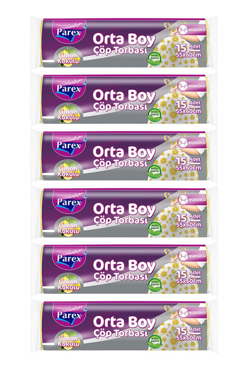 Premium Büzgülü Çöp Torbası Limon Kokulu 15'li Orta Boy 55 x 60 cm Altılı Paket