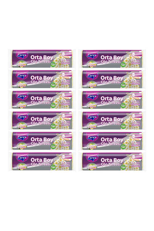 Premium Büzgülü Çöp Torbası Limon Kokulu 15'li Orta Boy 55 x 60 cm Onikili Paket