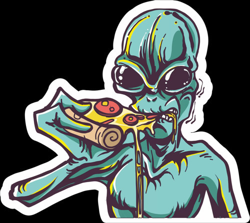 Pizza Yiyen Uzaylı Sticker 10x10 cmRenkli Sticker