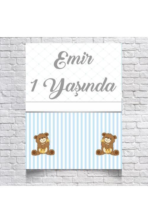 Mavi Çizgili Sevimli Ayıcıklı Doğum Günü Afişi 50X70 cm