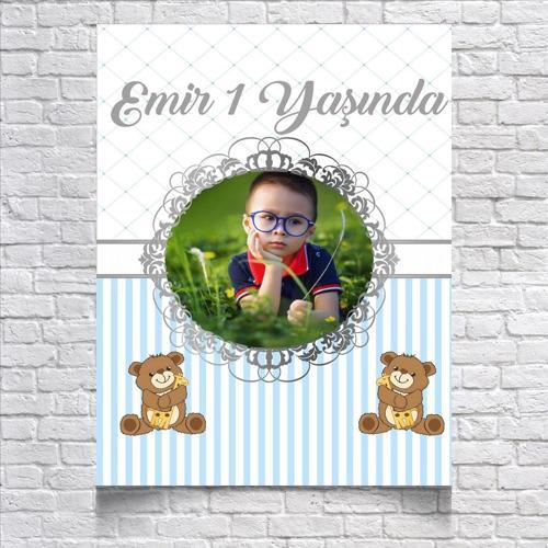 Mavi Çizgili Sevimli Ayıcıklı Doğum Günü Afişi 50X70 cm