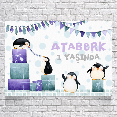 Penguen Temalı Doğum Günü Afişi 100X150 cm