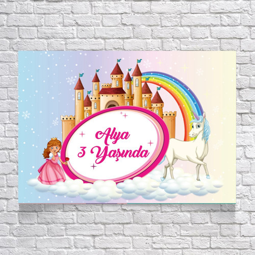 Prenses ve Unicorn Temalı Doğum Günü Afişi 70X100 cm