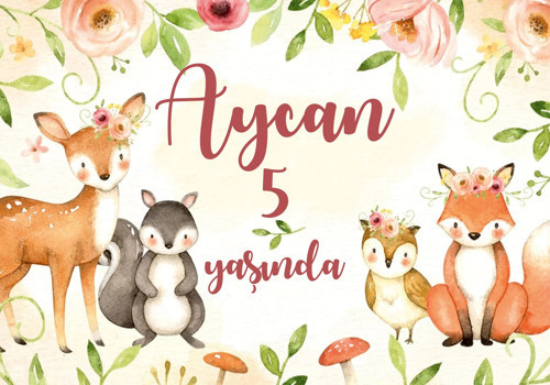 Sevimli Hayvanlar ve Çicekler Temalı Doğum Günü Afişi 50X70 cm