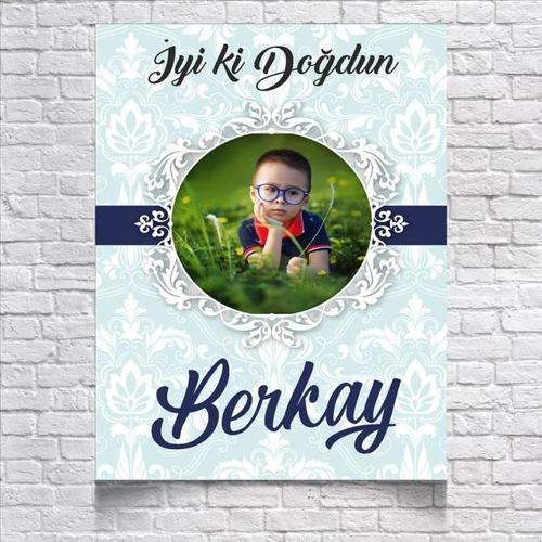 Mavi Damask Desenli Doğum Günü Afişi Resimli 100x150 Cm