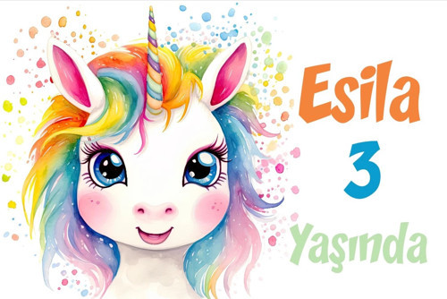 Gökkuşağı Saçlı Unicorn Temalı Doğum Günü Afişi 70X100 cm