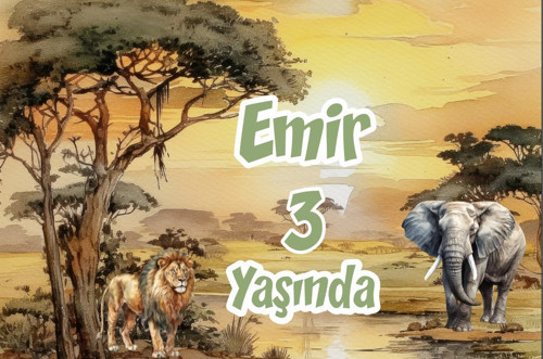 Safari Aslan ve Fil Temalı Doğum Günü Afişi 100X150 cm