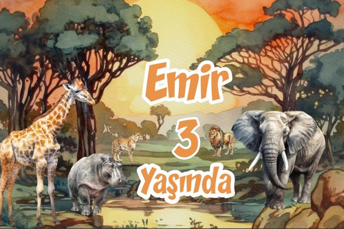 Safari Gün Batımı ve Hayvanlar Temalı Doğum Günü Afişi -1 100X150 cm