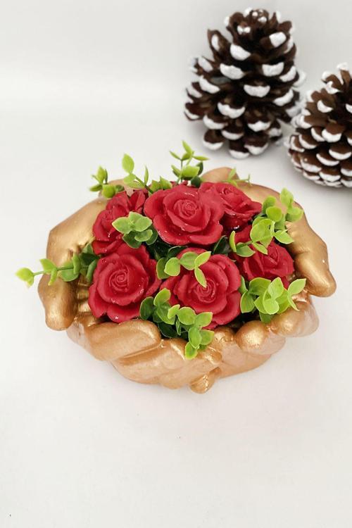 Dekoratif El Figürlü Gold Saksıda Kırmızı Güller Kokulu Taş Aranjmanı