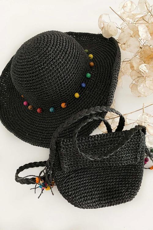 Kağıt İp El Örgüsü Boncuk İşlemeli Hasır Siyah Renk Şapka Ve Çanta Seti