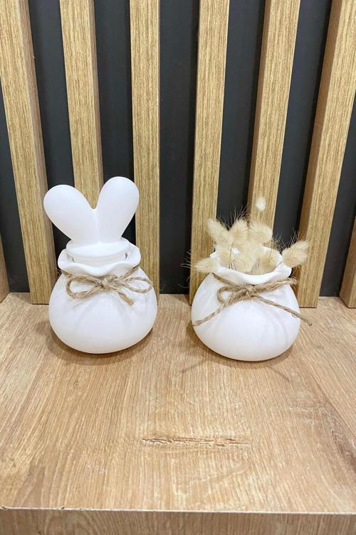 Dekoratif Tavşan Kulaklı Kapta Kokulu Mum Ve Dekoratif Mini Saksı Seti