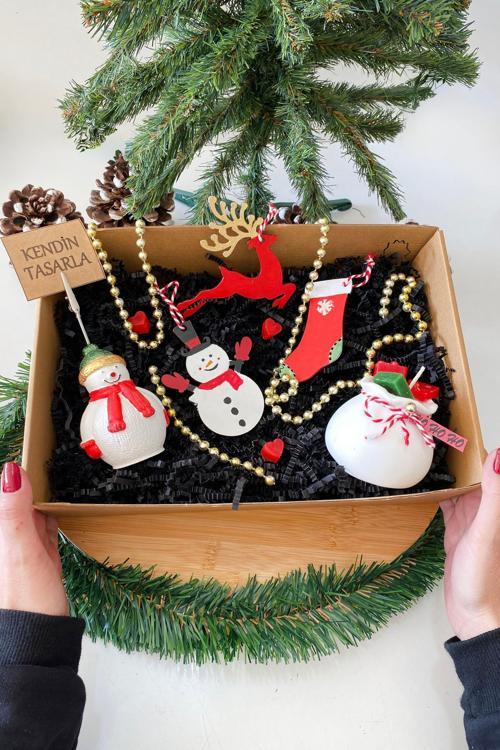 Kendin Tasarla Yılbaşı Dekoratif Kardan Adam Notluk-Hediye Sepet Kokulu Mum-Ahşap Ağaç Süsü Seti